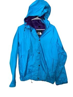 The North Face Women's Bright Blue Hooded Rain Jacket with Purple Lining